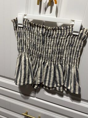 Striped Smocked Peplum Tube Top - Navy & Cream